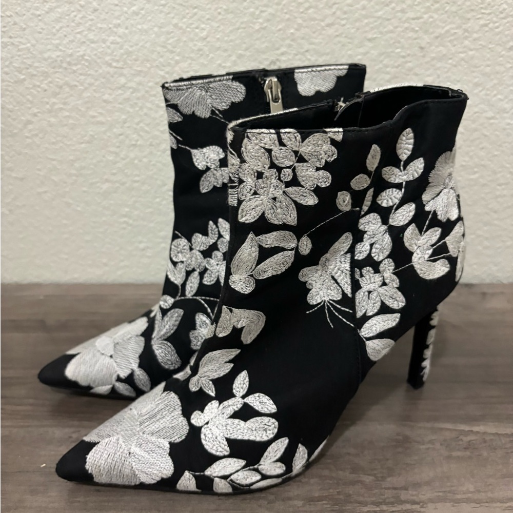 Zara Black and White Floral Heeled Boots